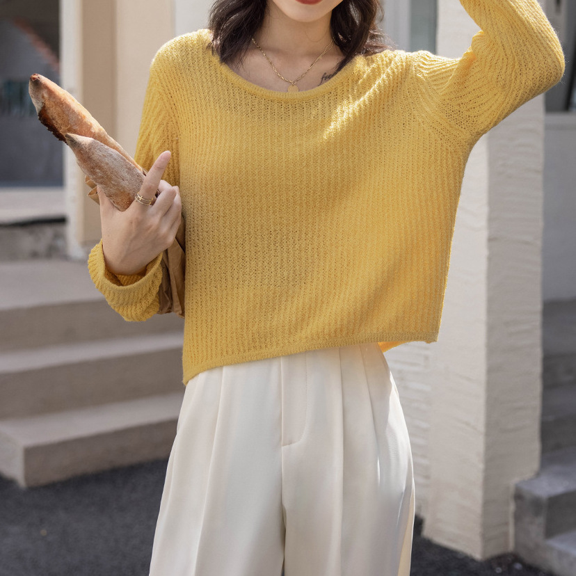 Clavícula corta camiseta de punto para mujeres 2025 primavera nuevo hueco vento perezoso blusa de color sólido camiseta de manga larga suelta image 9