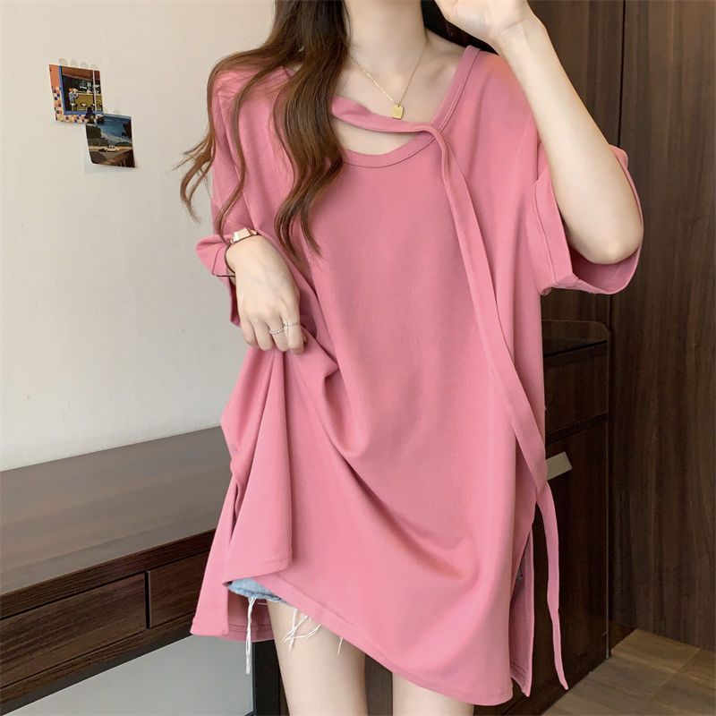 Camiseta de manga corta de longitud media de las mujeres verano nuevo adelgazamiento suelto más tamaño diseño sentido caída-hombro manga camisa de fondo superior para las mujeres image 7