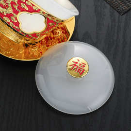 玉瓷福字茶杯盖子跨境珐琅彩泡茶盖碗琉璃仿玉石单个茶具配件批发