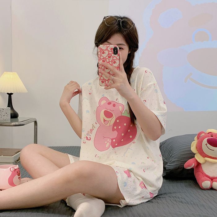 Venta al por mayor transfronteriza de pantalones cortos de manga corta pijamas mujeres nubes algodón verano nuevo estudiante dulce dibujos animados traje de servicio a domicilio oso