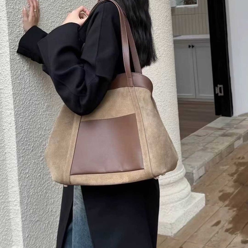 小众设计慵懒通勤托特包女新款磨砂麂皮拼皮斜挎包双面多用单肩包|undefined