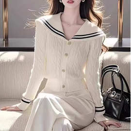 海军领长袖软糯毛衣女2024秋修身显瘦设计感针织衫内搭打底衫上衣