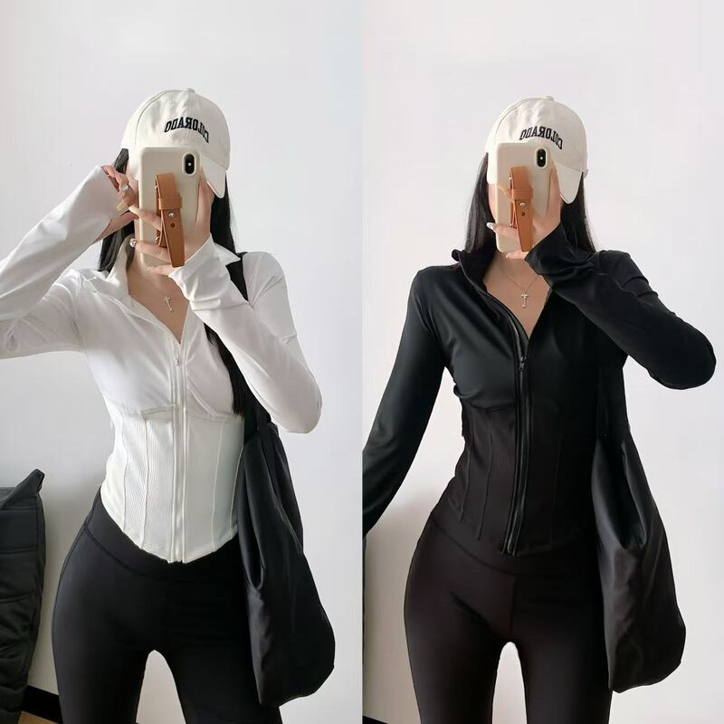 Fishbone Stand-Up Collar Zipper Slim-Fit Quick-Dry Jacket for Women, Sports Yoga Wear, Long-Sleeve Jacket Top
