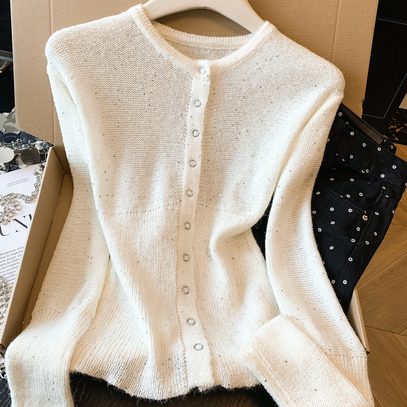 Heavy Sequined Long-Sleeve Knitted Cardigan Top for Women, 2026 Spring New Style, Pure Desire Slim-Fit Slimming Sweater Jacket