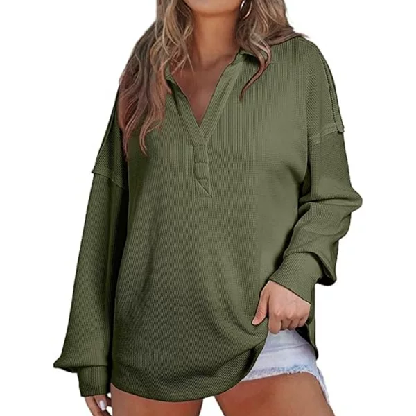Cross-Border Trade Amazon European and American Style Sweatshirt Waffle Shirt Collar Long-Sleeve Casual Pocket Top Loose Fit