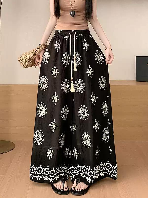 エスニックスタイルレトロ花柄大きいサイズワイドレッグパンツスカート女性のための夏のハイウエスト巾着ルーズ多用途ストレートカジュアルパンツ|undefined