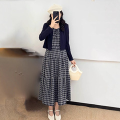 直销秋季显瘦气质复古法式时尚格子防晒开衫吊带半身裙三件套套装