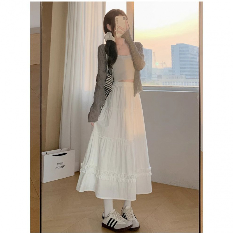 白色裙子2025新款夏秋高腰A字显瘦蓬蓬木耳边蛋糕裙小个子半身裙