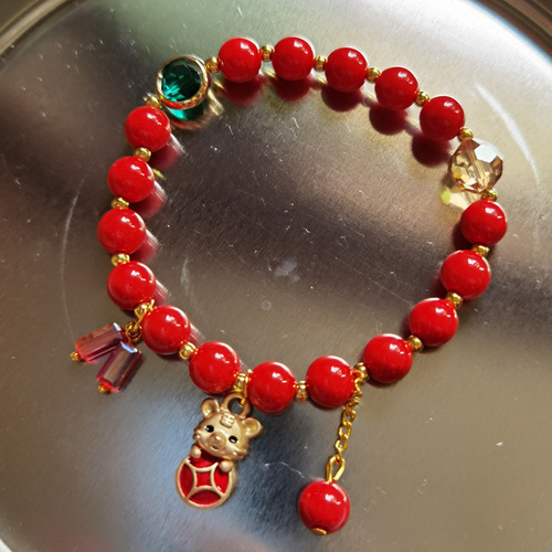 New Year of the Tiger red bead bracelet for women live broadcast imitation red stone crystal sand gold lucky round bead bracelet