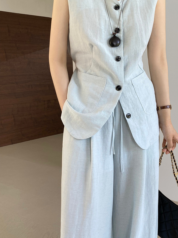 【福祉品返品不可】Jiangzuo Laqianfeng スーツ ノースリーブ ベスト + ワイドレッグ パンツ 2 点セット 女性用 8603|undefined