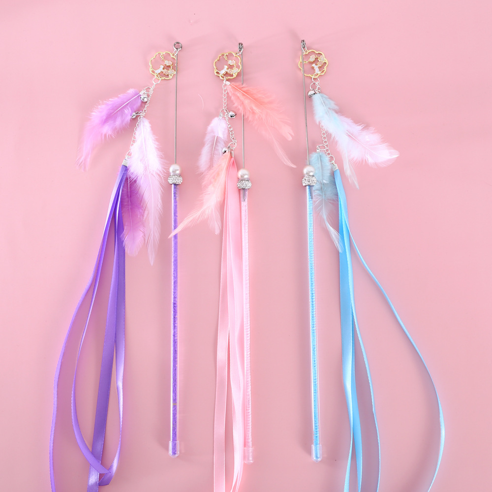 Mascota gato de hadas de estilo chino hanfu estilo antiguo pluma campana cinta divertido gato palo de sonido interactivo juguete de entrenamiento