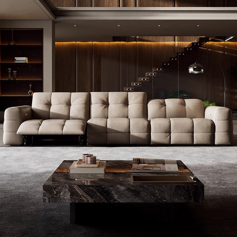 Sofá de cuero funcional eléctrico de primera capa de piel de vaca estilo italiano minimalista sofá de algodón de azúcar sin pared sofá recto nuevo