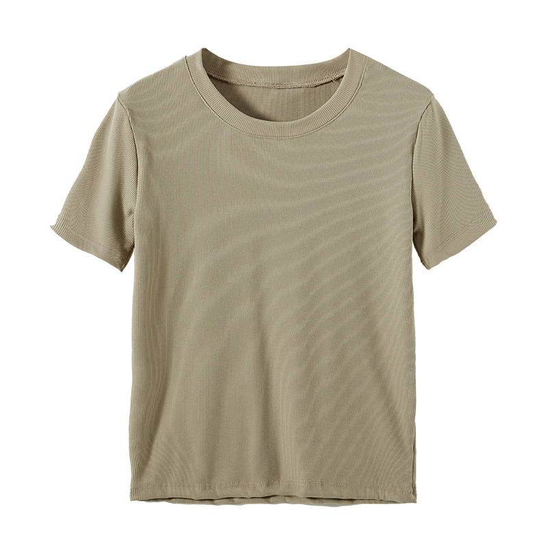 Selección estricta verano estilo coreano roscado Algodón color sólido hombro manga corta Camiseta de mujer suelta estilo simple parte superior de fondo image 7