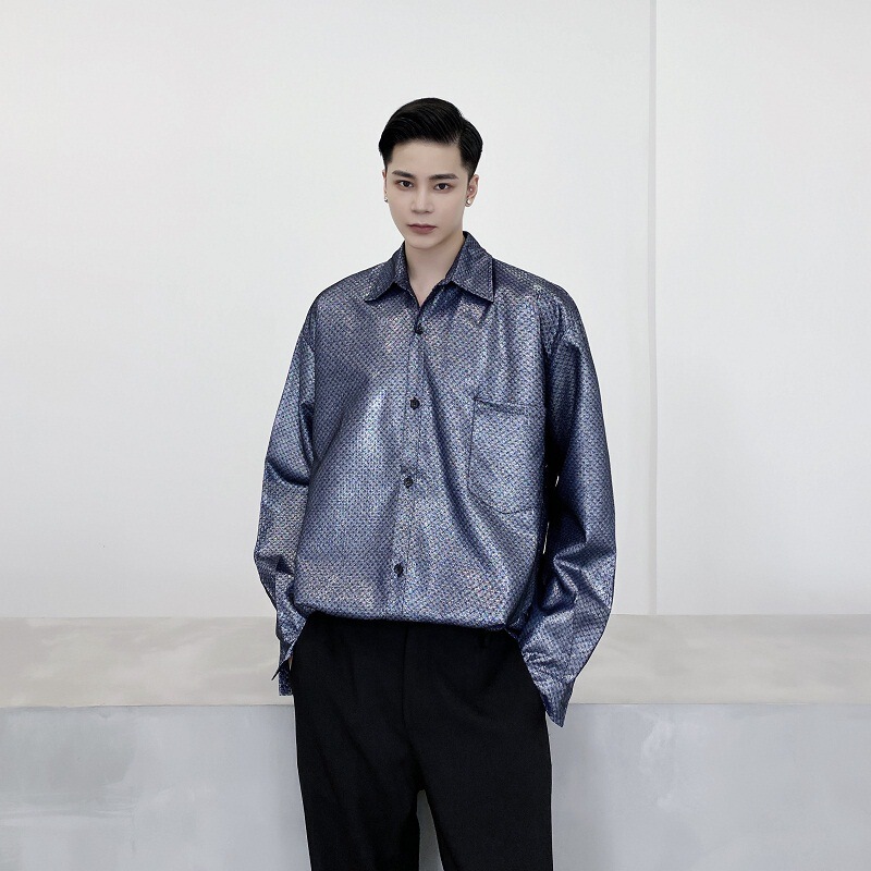 Fried Street Trendy Metal Liquid Brightening Loose Profile Casual Shirt Men's silver Texture Shirt Top Thin Jacket