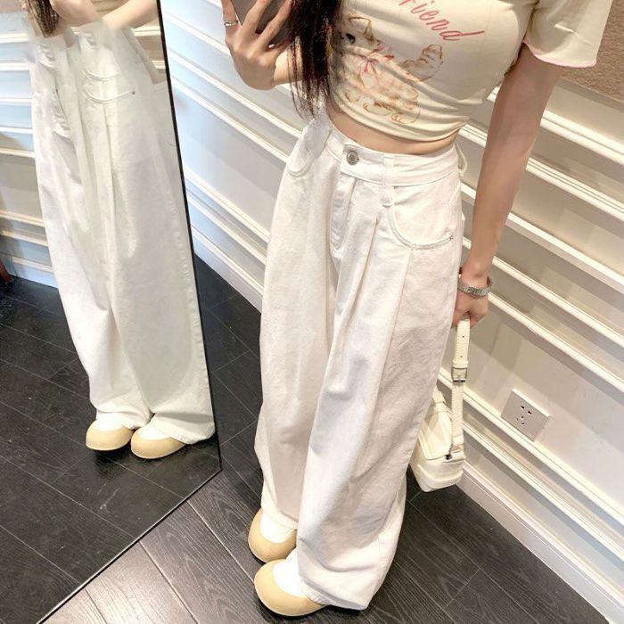 女性のための白いワイドレッグジーンズ 2025 夏の新しいハイウエストルーズドレープ小柄な人ストレートレッグフロアレングスパンツ|undefined
