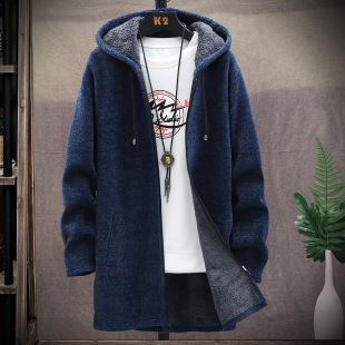 Men's Mid-length Knitted Jacket Cross-border Amazon Men's fleece-lined Thickened Chenille Hooded Cardigan in stock