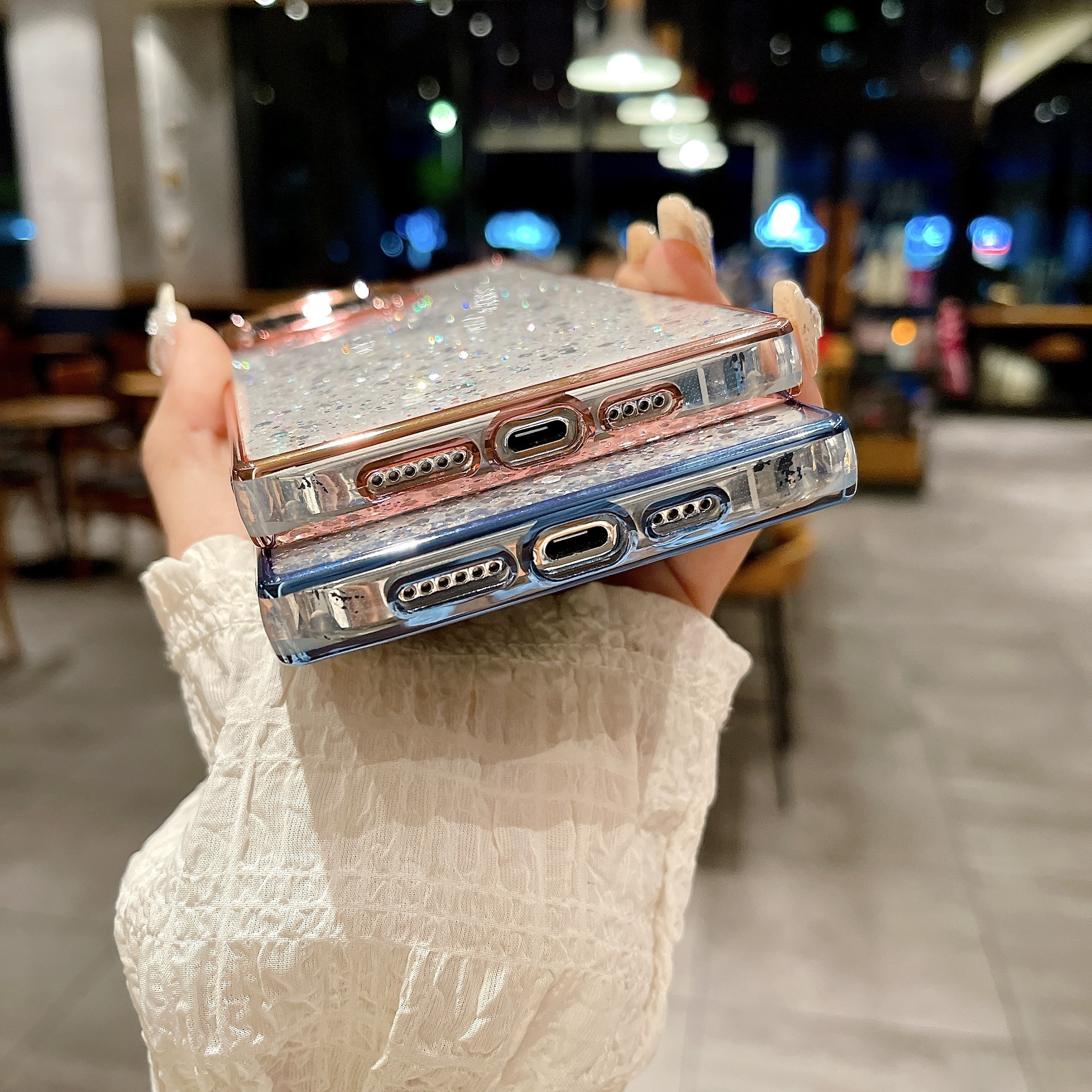 Cuadrado galvanizado goteo de polvo de polvo de brillo de polvo iPhone16Promax caso de teléfono móvil para Apple 14 Pro