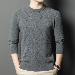 High-end men's cashmere sweater autumn and winter new jacquard crew neck sweater 100 pure cashmere knitted warm dad outfit