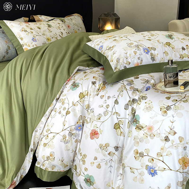 Small fresh naked sleeping sheets four-piece cotton 100S long staple cotton pastoral style printed quilt bedding