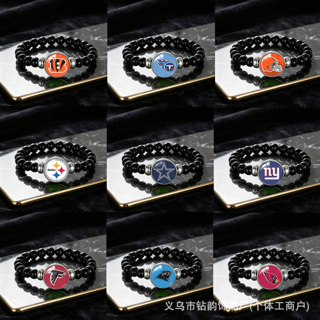 Hot Seller NFL Team Logo Beaded Bracelet Black Beads Elastic Time Gem Fan Jewelr