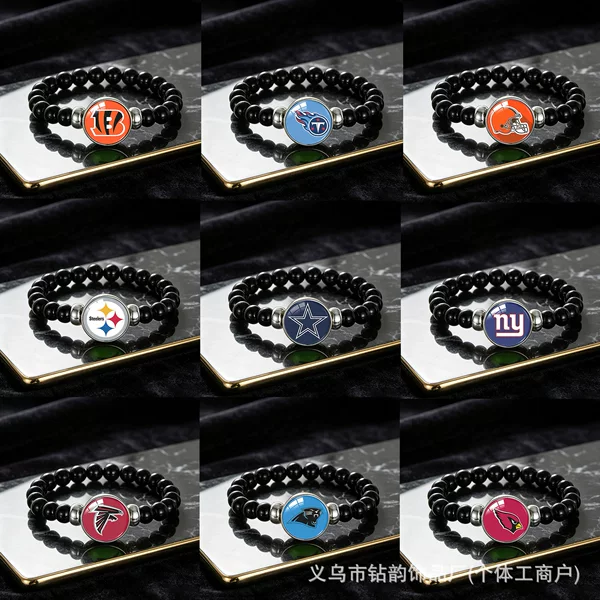 Cross-Border Best-Selling Nfl Football Team Logo Beaded Bracelet with Black Beads and Elastic Time Gemstones, a Popular Accessory among European and American Fans