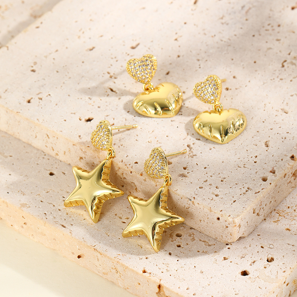 8g Weight Copper Ear Needle Material 1 Pair Elegant Simple Style Star Heart Shape Copper Zircon 18K Gold Plated Drop Earrings