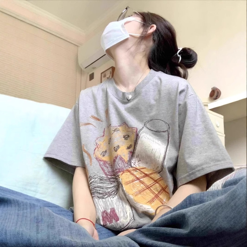100% Pure Cotton American Style Fashion Brand Grey Short-sleeved T-shirt Women's Summer Design Sense Niche European Goods Half-sleeved T-shirt Top 100% Pure Cotton American Style Fashion Brand Grey Short-sleeved T-shirt Women's Summer Design Sense Niche European Goods Half-sleeved T-shirt Top