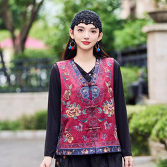 2025新款民族风复古V领盘扣马甲女时尚刺绣缎面提花宽松背心坎肩