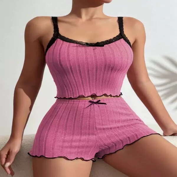 Cross-Border New Women's Home Elastic Pajamas Sexy Lace Suspender Shorts Ribbed Pit Fleece Brushed