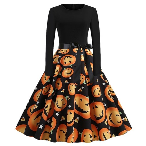 Foreign trade Christmas-print dress—European and American retro round-neck sexy, direct supply from manufacturer, dropshipping available in large quantities with great discounts.