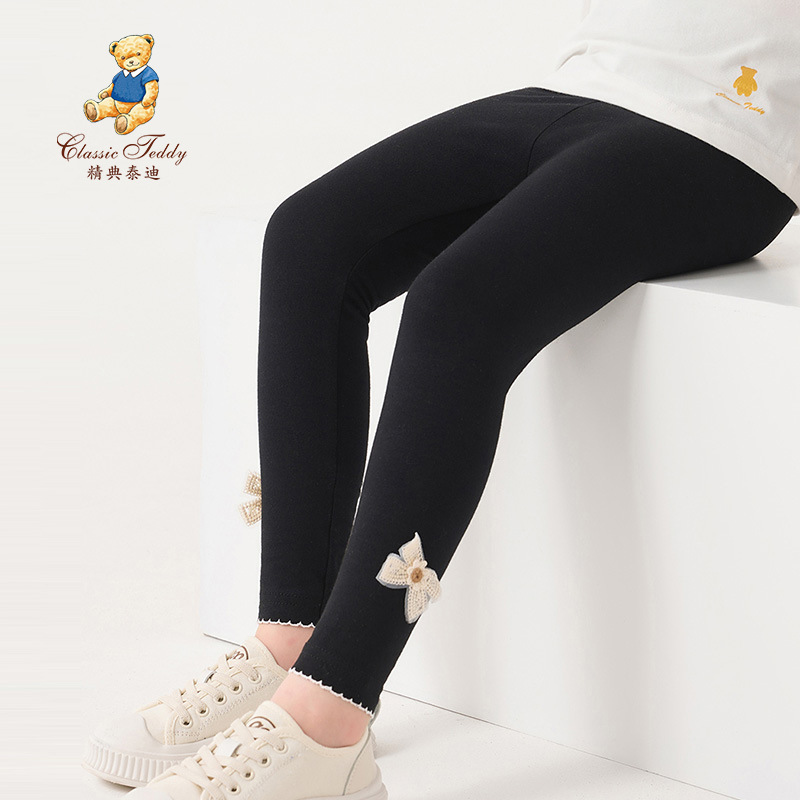 Classic Teddy Bear Spring Style Children's Elastic Leggings, Sweet Bow Leggings, Casual and Comfortable Long Pants for Toddlers