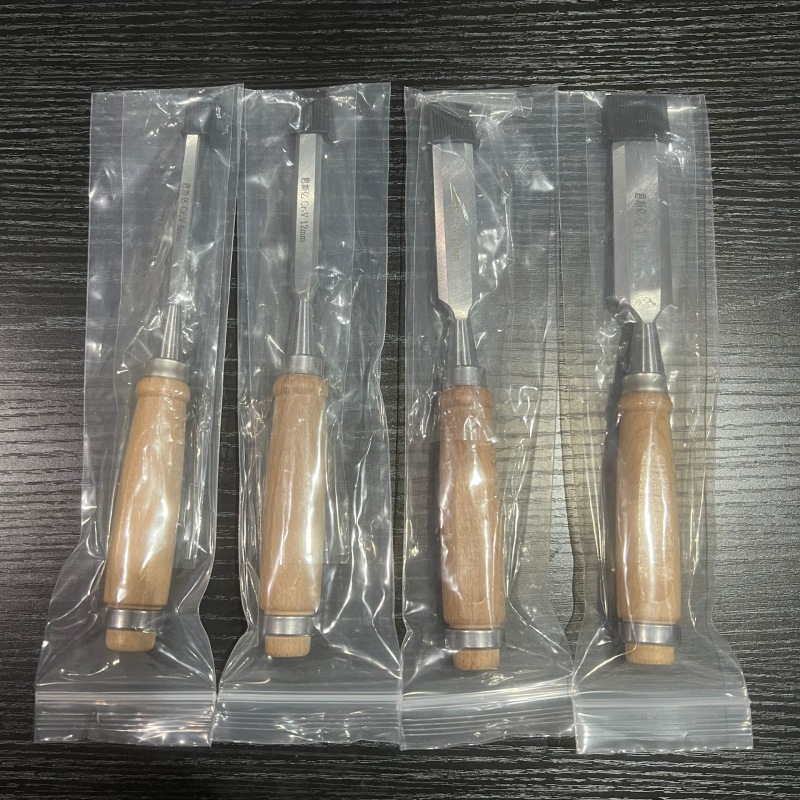 匠作工具木工凿子4PC铸铁铬钒钢木柄平凿挂袋扁凿铲半圆凿跨境品
