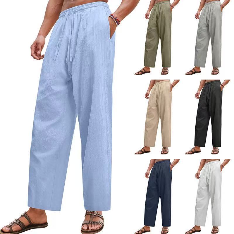 25 Cross-Border European and American New Men's Linen Loose Pants Straight Solid Color Casual Drawstring Wide-Leg Pants Men's Casual Pants