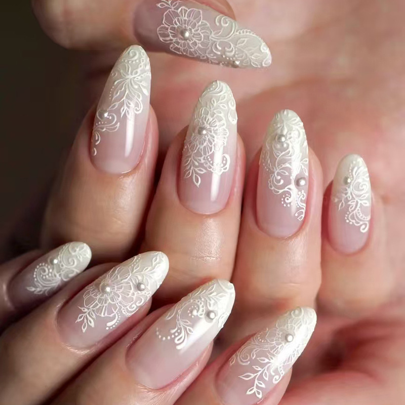 X-0438 New Almond-Shaped Stereo Line Flower Nail Art Wearable Nails 24 Pieces Recyclable Wearable Nails