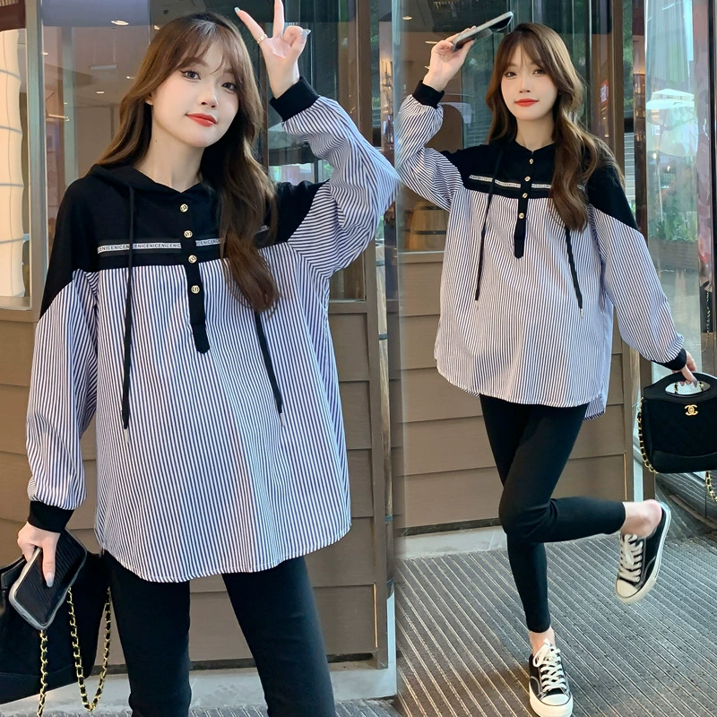 Беременная женщина прилив мама весна и осень новая мода и мода с капюшоном в полоску рубашка осенняя рубашка с длинными рукавами для кормления грудью