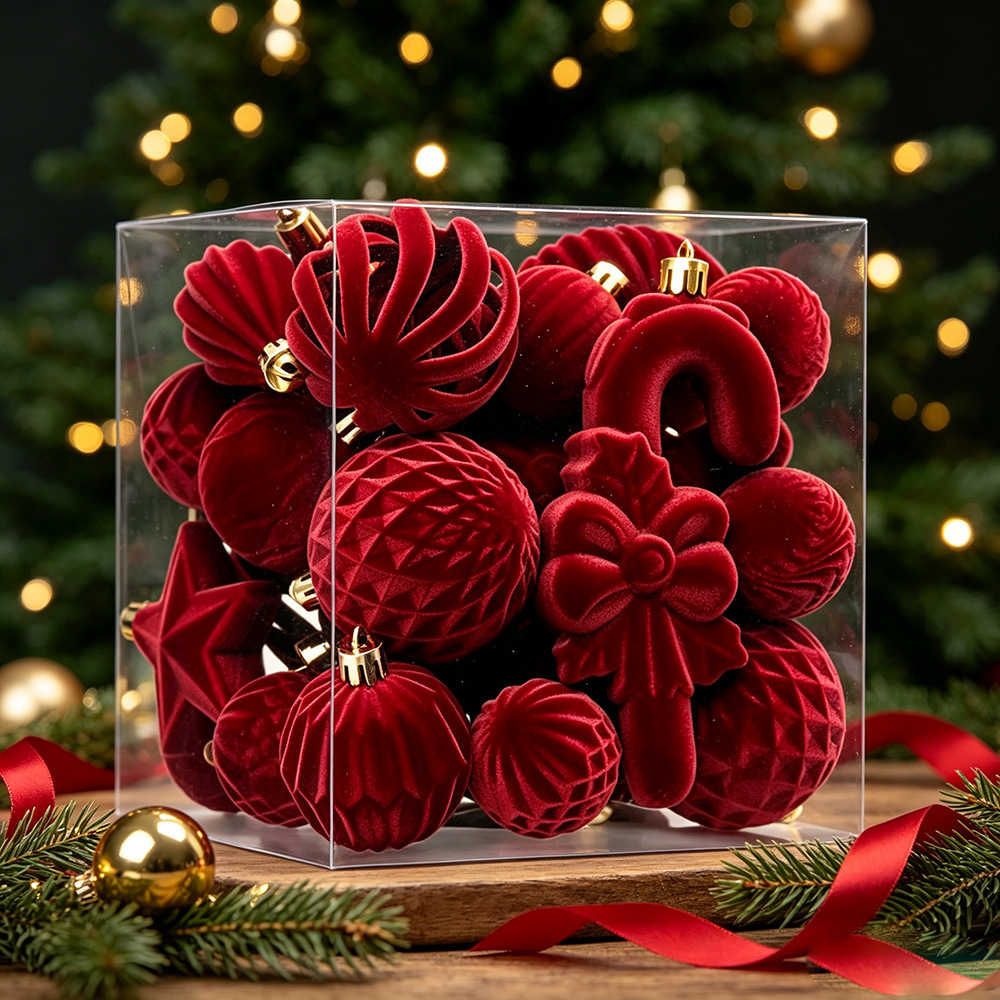 28PCS Christmas Christmas Tree Holiday Decorations European Style Flocked Shaped Christmas Ball Set Hanging Accessories