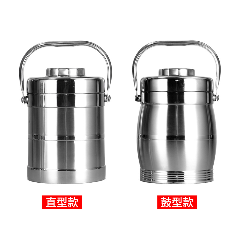 Cubo aislado de tambor recto de acero inoxidable portátil de múltiples capas de gran capacidad lonchera de doble capa con aislamiento al vacío