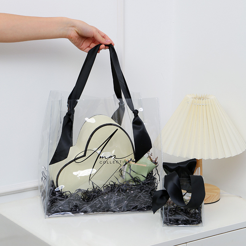 pvc透明丝带手提袋子婚礼伴手礼礼品包装 pvc手提袋ins喜糖塑料包