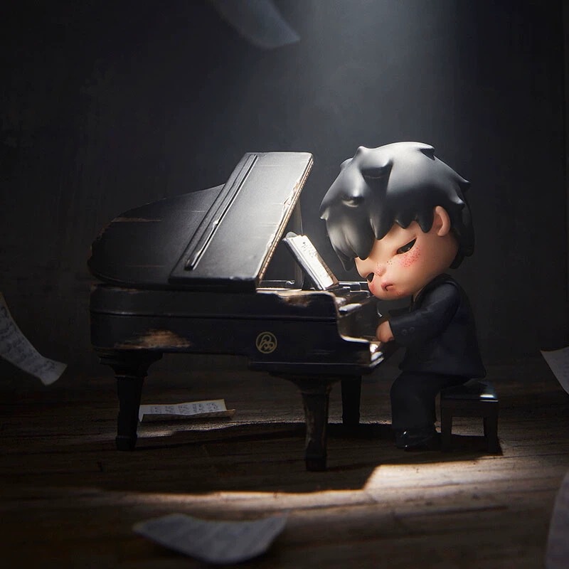 Bubble Mart Hirono Ono Piano Player High Version Figurine Trendy Desktop Decoration Blind Box Toy Hangtag