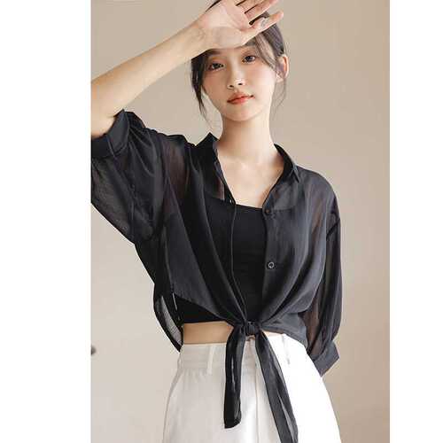 Chiffon sunscreen cardigan women's 2024 summer white quarter sleeves thin shawl outer shirt top coat