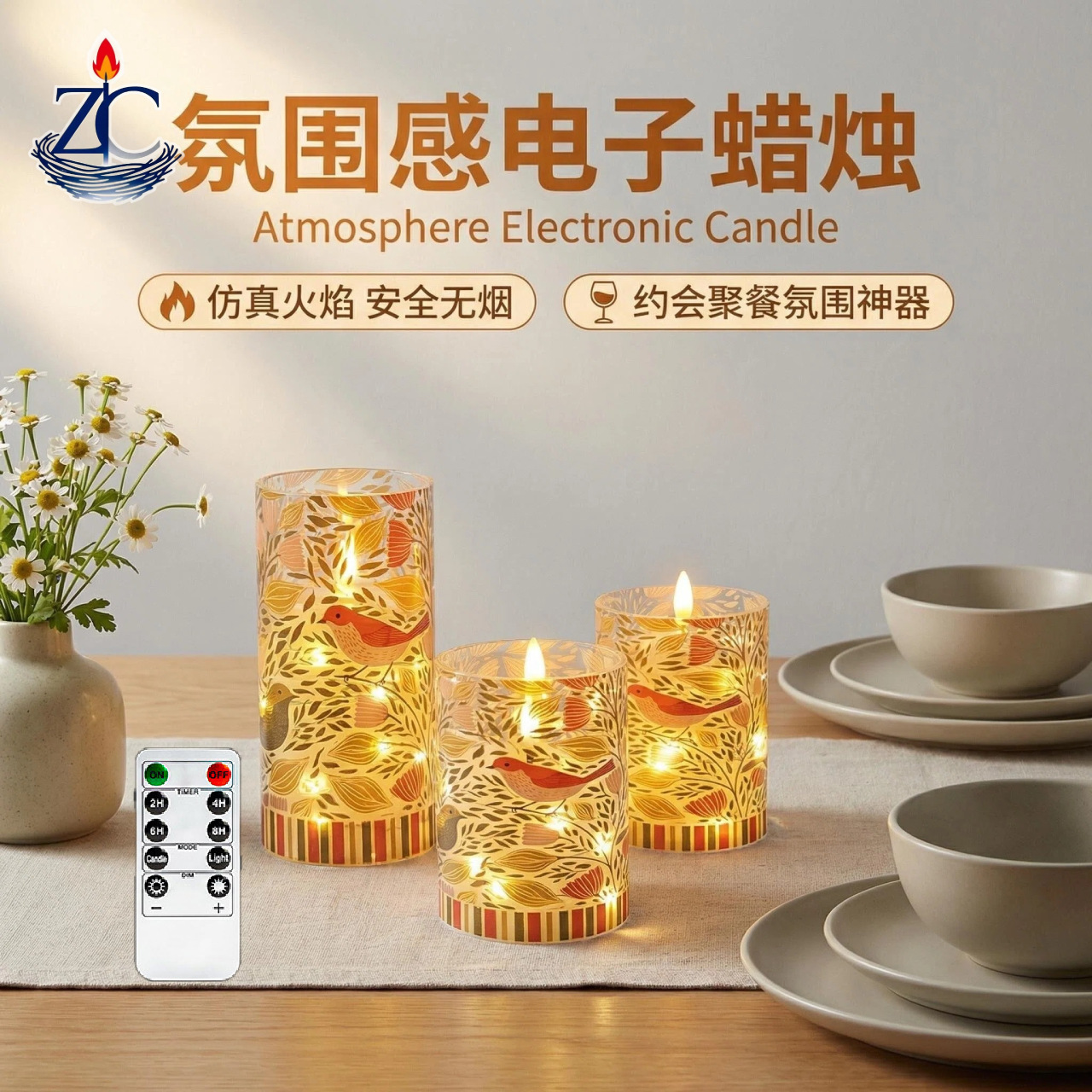 UV打印新款喜鹊可更换图案发光氛围摆件蜡烛7.5电子蜡烛工厂直销