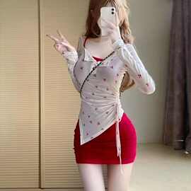 甜辣妹穿搭一整套女夏季独特绝美冰丝防晒罩衫+吊带连衣裙两件套