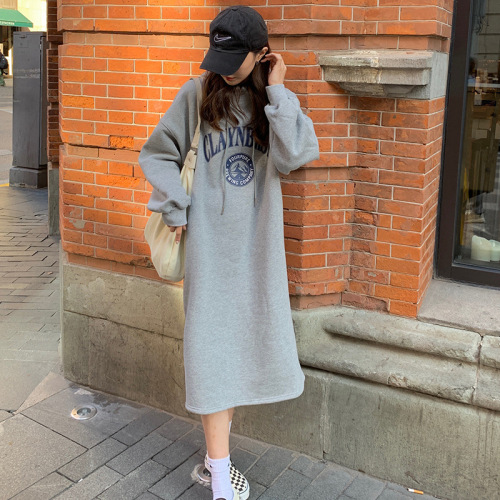 Harajuku style mid-length sweatshirt for women ins Korean style striped long-sleeved dress winter Korean style loose and slimming above the knee