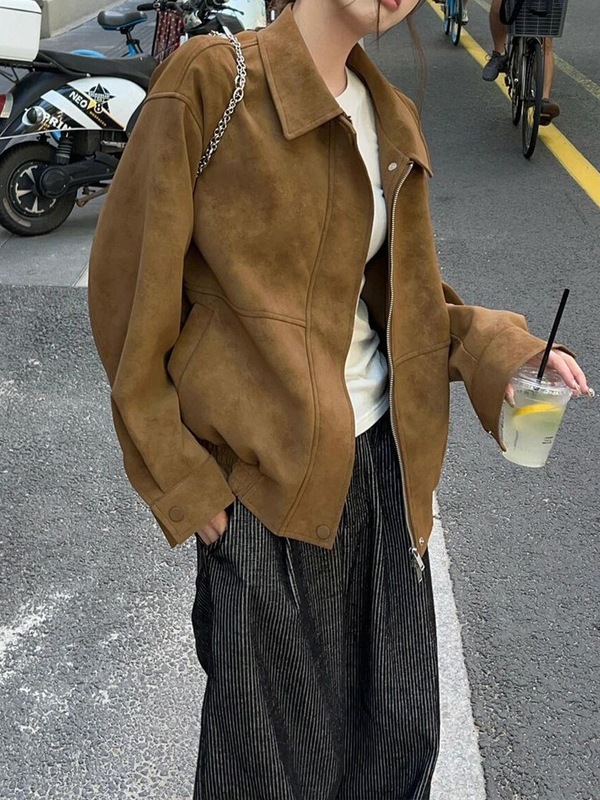 美式复古仿麂皮绒夹克外套女春秋季新款休闲宽松翻领中长款上衣潮|undefined