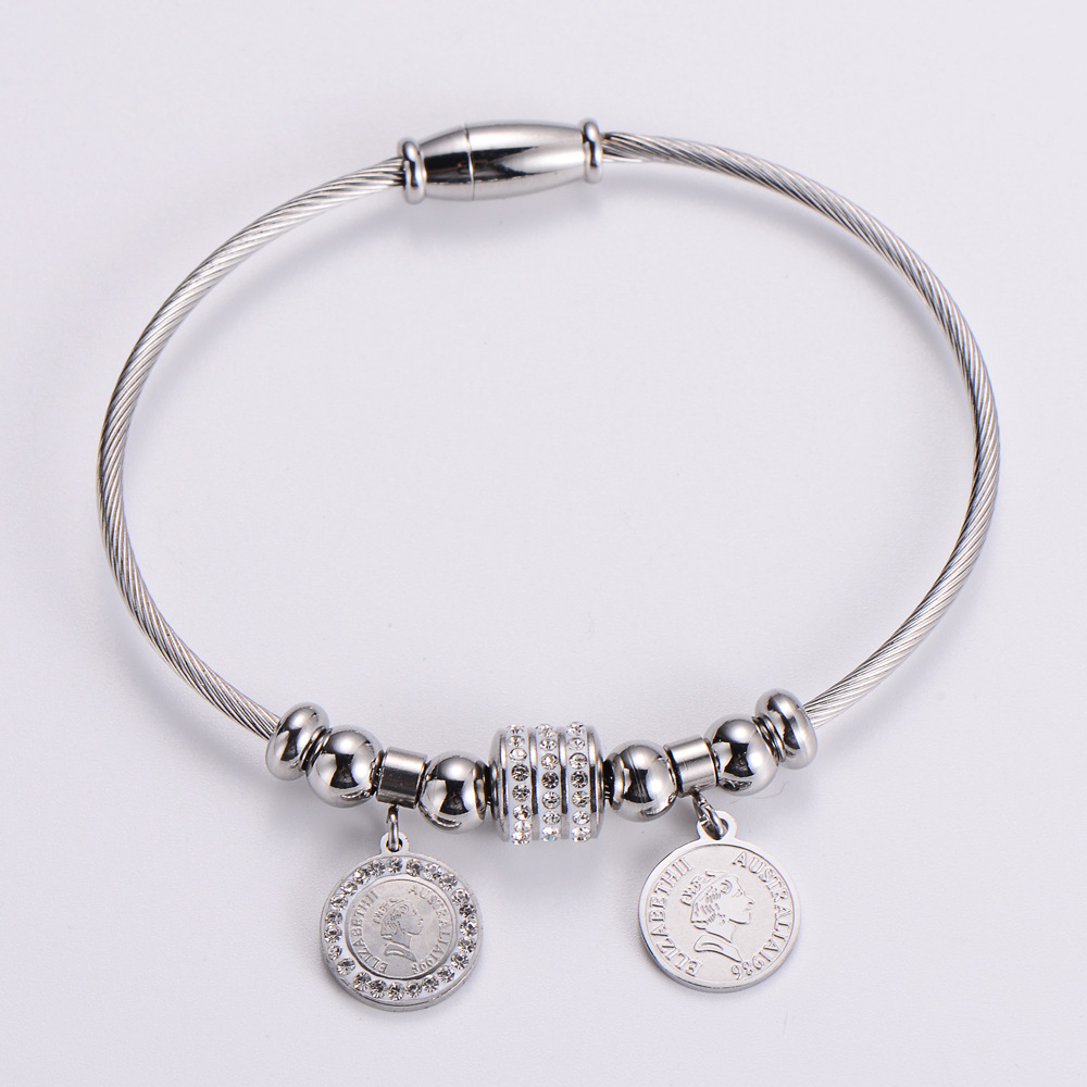 Womenu0027S Fashion Round Coin Titanium Steel Rhinestone Bangle Diamond Stainless Steel Bracelets