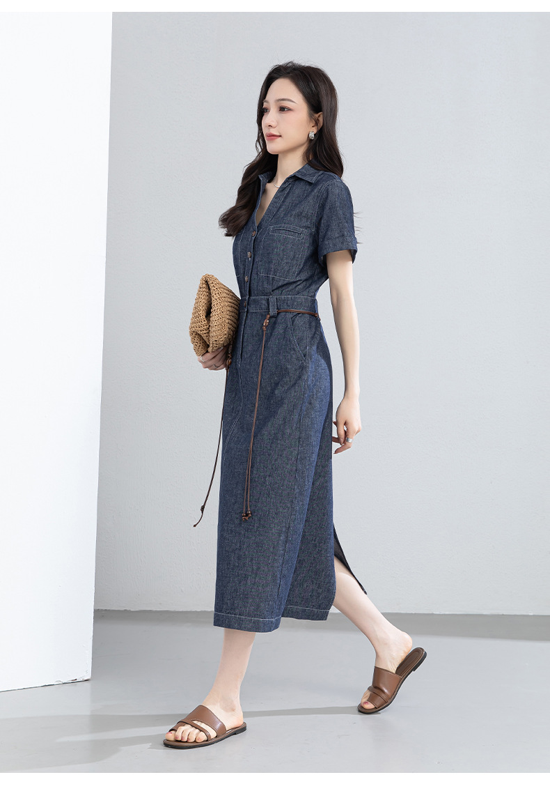 Đầm maxi nữ thắt eo tay ngắn chất liệu cotton pha linen phong cách Pháp — Xanh da trờicolor chi tiết 20
