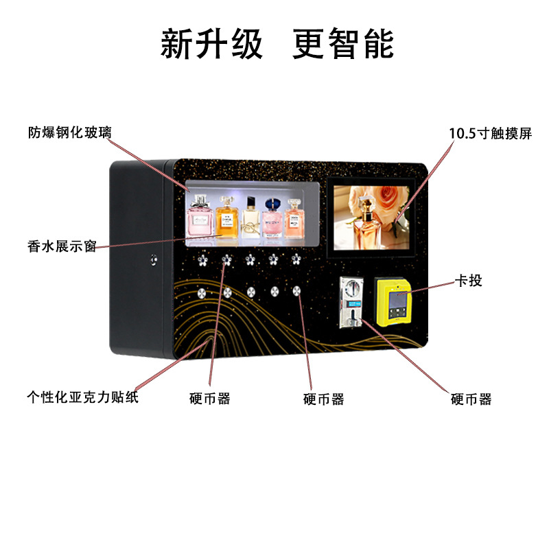 La máquina expendedora de perfumes Xinzhiyuan es exclusiva para minoristas de marcas transfronterizas, ofreciendo una máquina inteligente de autoservicio para seleccionar perfumes mediante escaneo de códigos QR y uso de tarjetas de crédito.