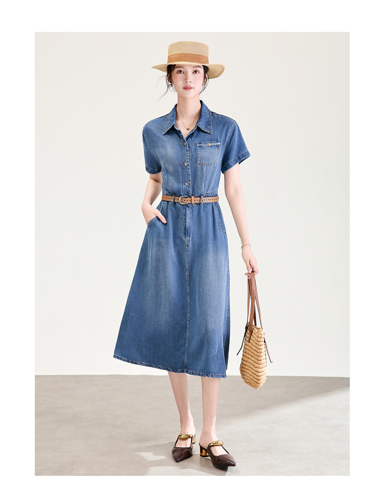Váy denim nữ cạp cao dáng chữ A tay ngắn mùa hè — Cao bồi xanh chi tiết 12