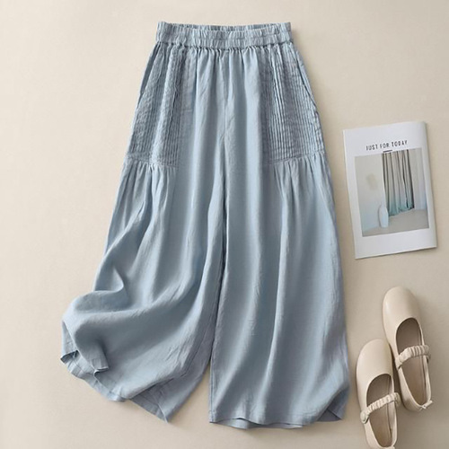 Retro pleated cotton linen wide-leg pants skirt - Spring and Summer 2024 New Bohemian Minimalist Solid Color High-Waist Straight Leg Pants for Women