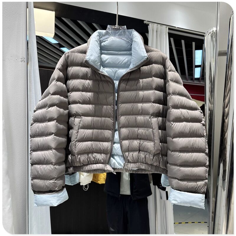 Korean Style 2026 Winter New Short down Jacket for Women with Contrasting Color Stand Collar, 90% White Duck Down, Double-Sided Color-Blocking Coat